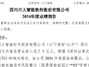 川大智胜：2024年预计亏损4900万元-6300万元 公司股票可能被实施退市风险警示